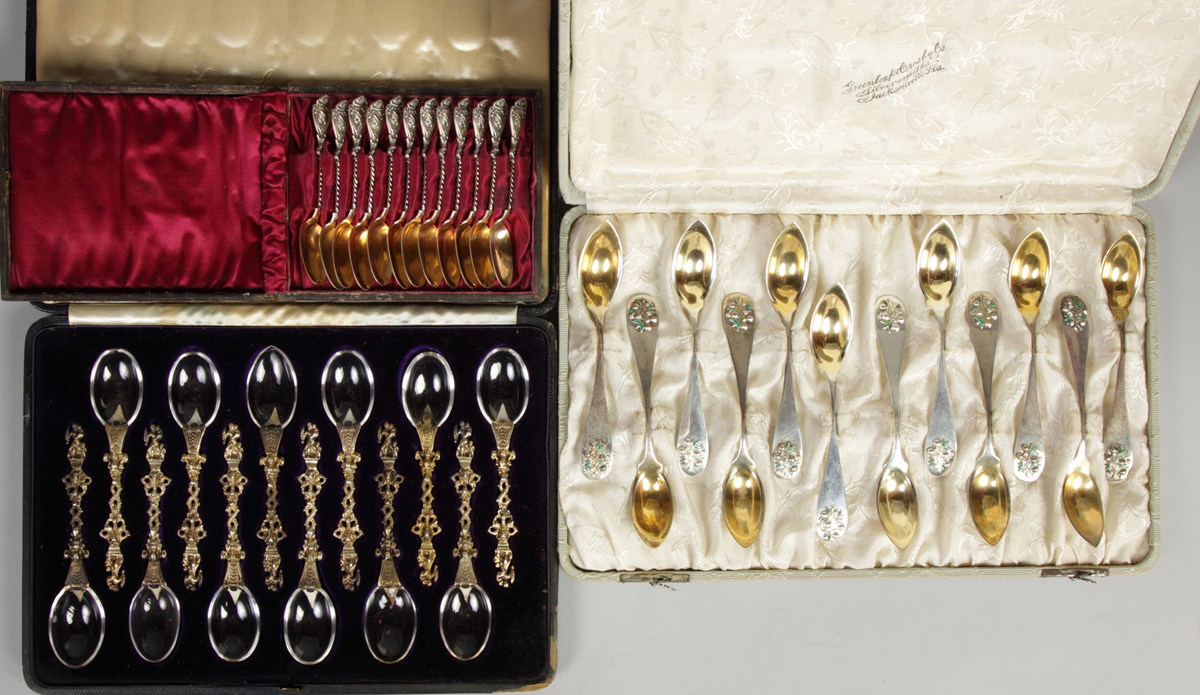 3 Cased sets of spoons: Sterling