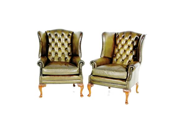 Pair Queen Anne style leather wingback