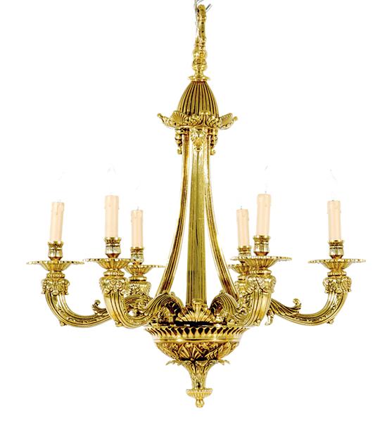Continental brass six-light chandelier