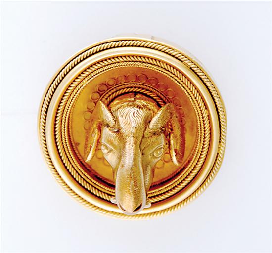 Etruscan Revival ram's-masque brooch