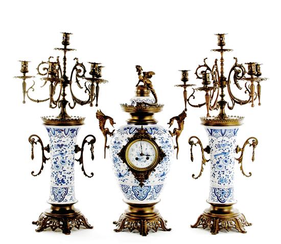 French Delft porcelain clock garniture