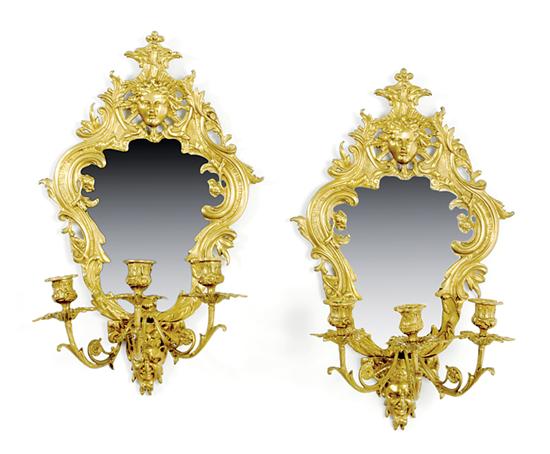 Pair French brass three-light sconces