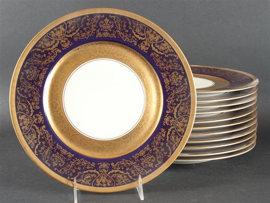 Set of 12 Bohemia china gilt and cobalt