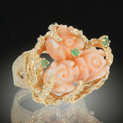 A Ladies Carved Coral and Emerald 133a80