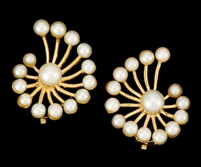 A Pair of Gold and Pearl Retro Ear Clips