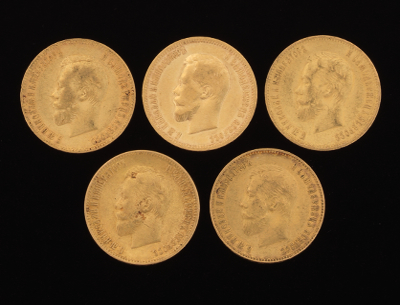 Five Russian Gold 10-Ruble Coins