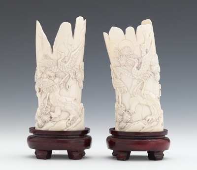 A Pair of Carved Ivory Scenic Vases