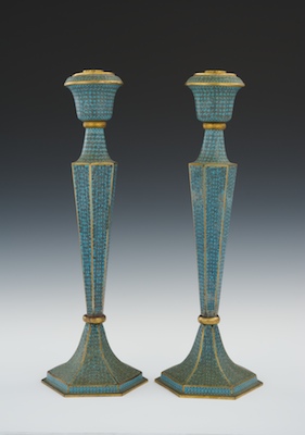 A Pair of Blue Cloisonne Candlesticks