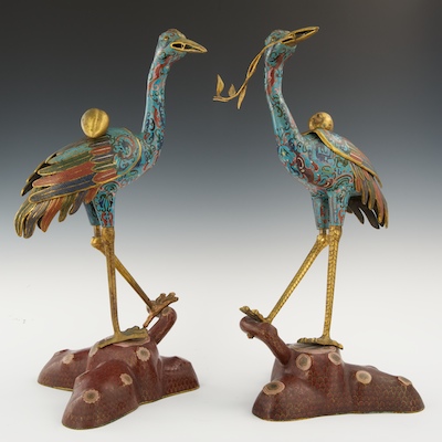 A Pair of Cloisonne Cranes Chinese