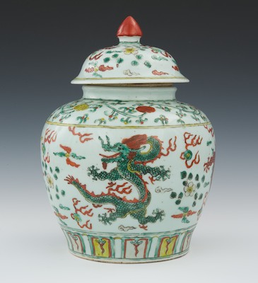A Chinese Wucai Covered Jar Biscuit