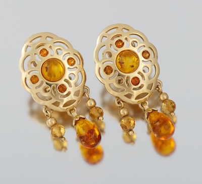 A Pair of Gold and Amber Earrings 1340de