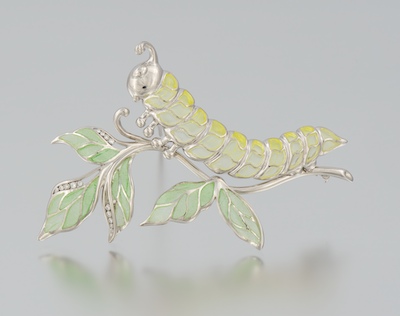 A Plique-a-Jour and Diamond Brooch Sterling