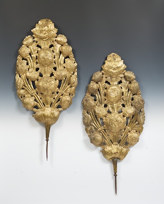 A Pair of Gilt Repousse Flame Shields 134225