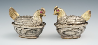 A Pair of Silver Metal Hens Early 13425a