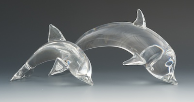 Two Steuben Glass Porpoise Ornamentals