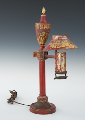 An Antique Red Tole Bouillote Lamp