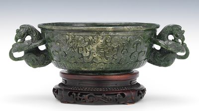 A Spinach Jade Carved Bowl on Stand