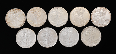 Nine American Eagle Silver Coins Coins