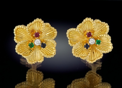 A Pair of Gold and Gemstone Flower Earrings