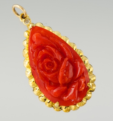 A Carved Coral and Diamond Pendant 13462f