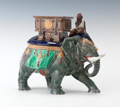 A Large Majolica Elephant & Driver Figural