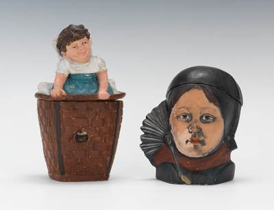 Two Small Tobacco Jars; Child in Basket