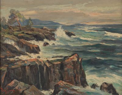 Illegibly Signed Coastal Painting Rocky