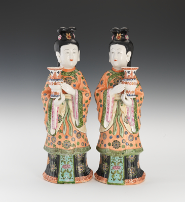 A Pair of Famille Rose Maiden Figures 13493e