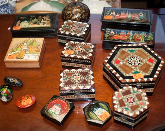 Twelve Russian lacquer boxes and