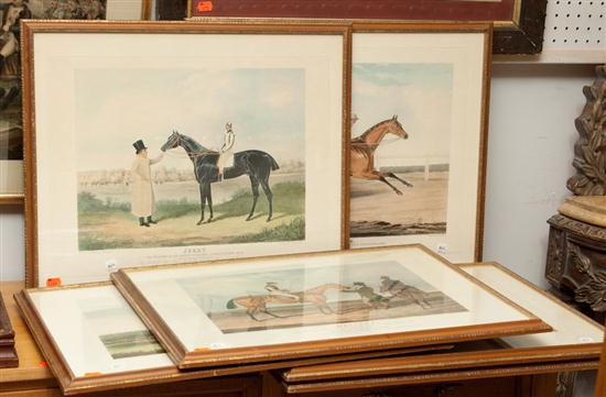 Six framed race-horse portraits