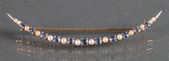 14K gold pearl and sapphire crescent-form