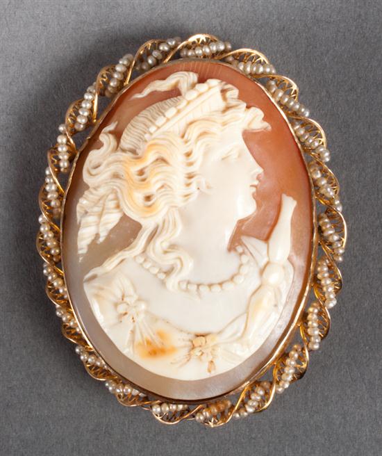 10K gold seed pearl and shell cameo