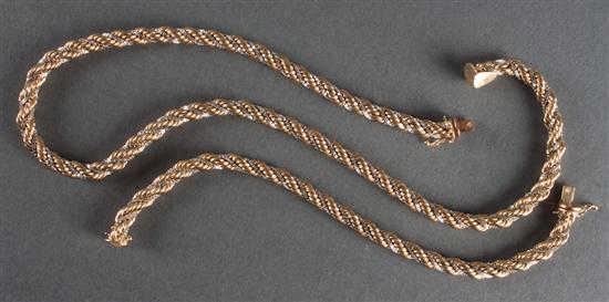 Yellow and white gold barrel chain necklace;