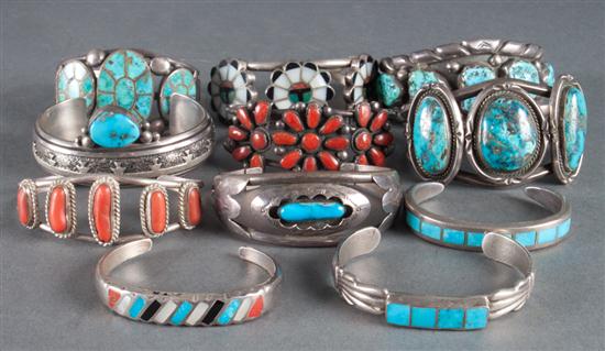 Silver turquoise and coral cuff-bracelets