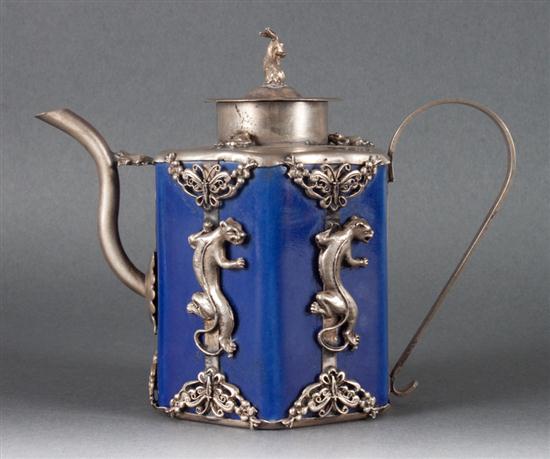 Chinese silver-mounted blue glazed