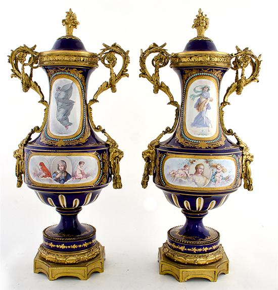 Exceptional pair Sevres style gilt-bronze-mounted