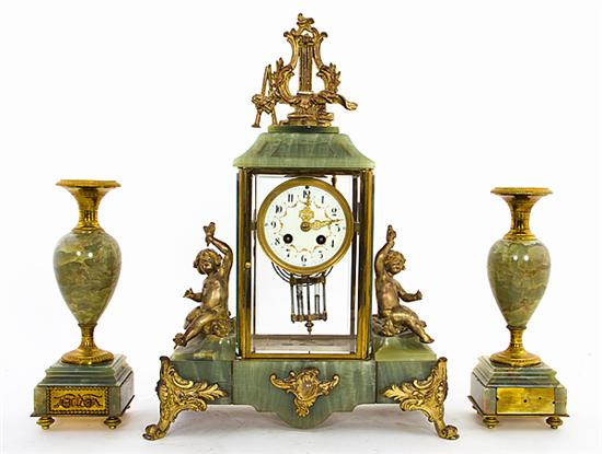 French onyx and ormolu clock garniture