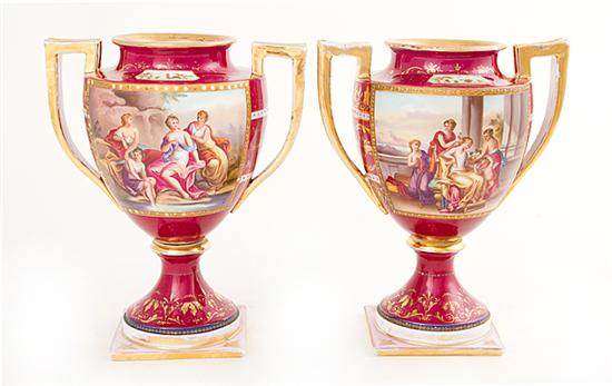 Pair Vienna painted porcelain urns