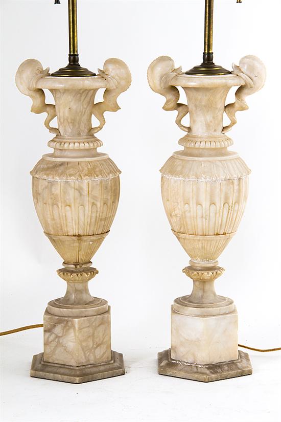 Pair carved alabaster urns converted