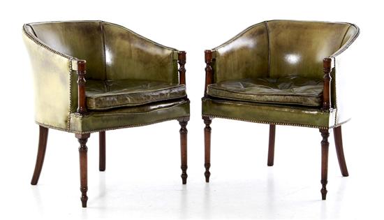 Pair English leather and walnut bergeres