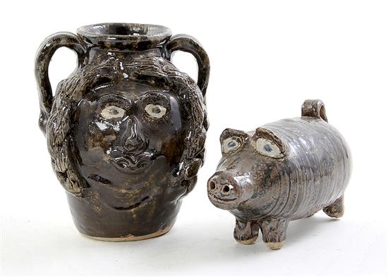 Southern pottery face jug and figural