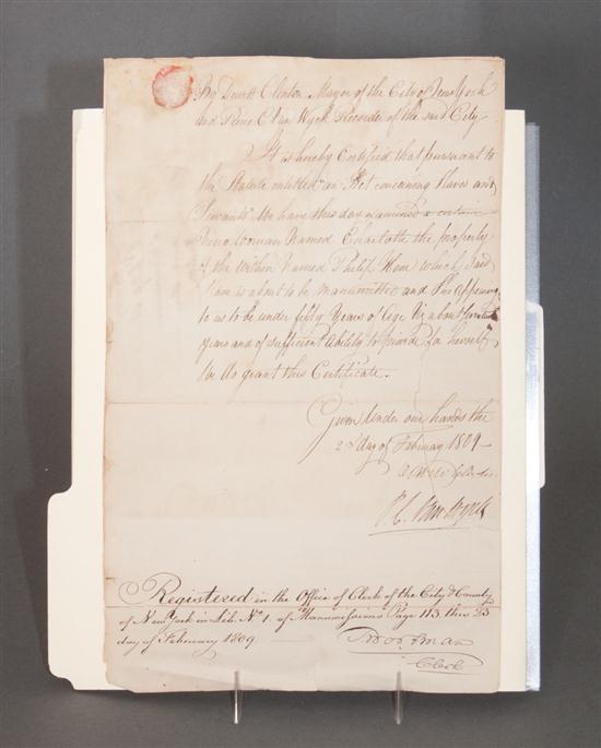 [Slavery New York City] Manuscript certificate