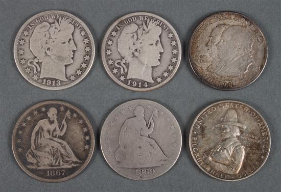 Six United States silver half dollars