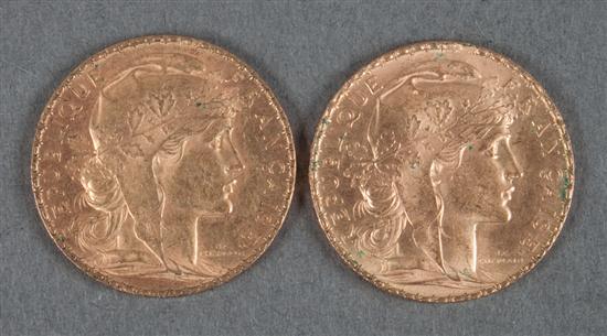 Two French gold 20 franc coins