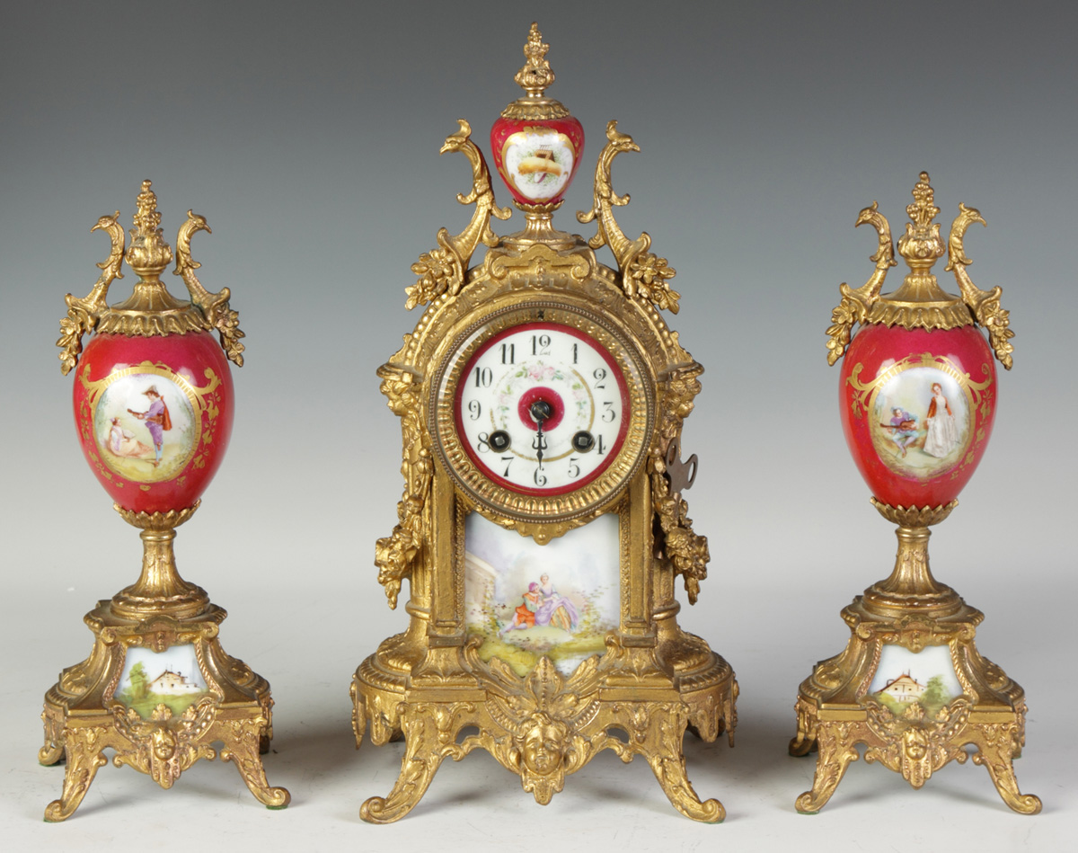 3 Piece French Clock Set w/Porcelain