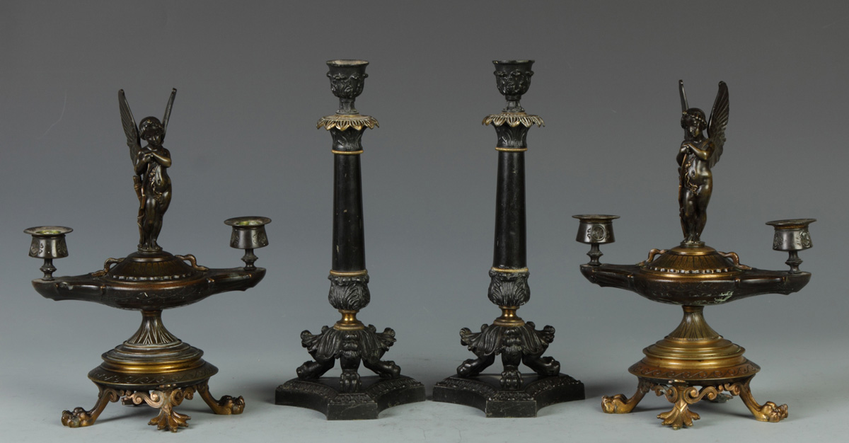 Patinated Metal Empire Style CandlesticksCondition: