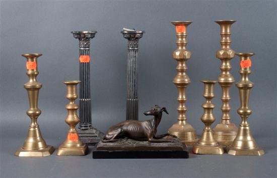 Three pairs of brass push up candlesticks 13875f