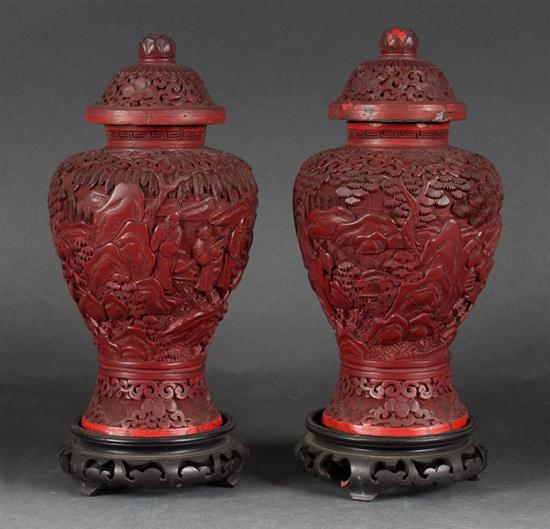 Pair of Chinese carved red cinnabar 1361db