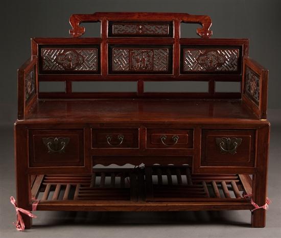 Chinese carved elmwood bench 20th