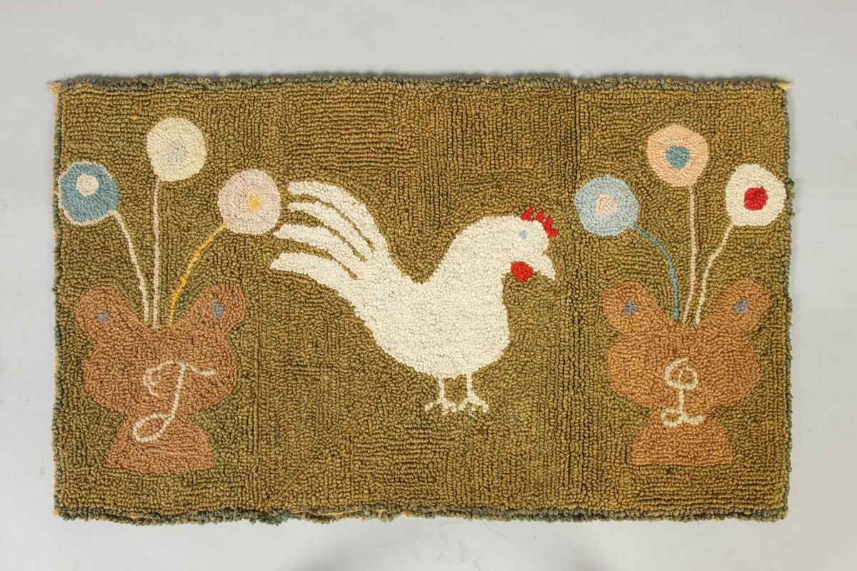 Hooked Rug with Rooster & Flower